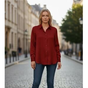 RAMY BROOK Top NEW Size L Victoria Silk $385 Red Button Down Blouse Long Sleeve